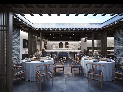 Traditional Chinese Restaurant Interior With Courtyard Skylight Grey Brick Walls Round Tables And Wooden Chairs 3d model