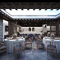 Traditional Chinese Restaurant Interior With Courtyard Skylight Grey Brick Walls Round Tables And Wooden Chairs