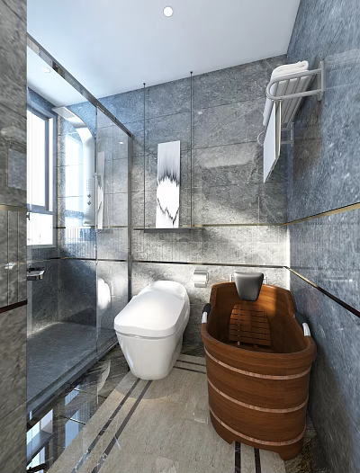 Luxury Modern Bathroom With Grey Marble Tiles Smart Toilet Wooden Bathtub And Glass Shower Area 3d model