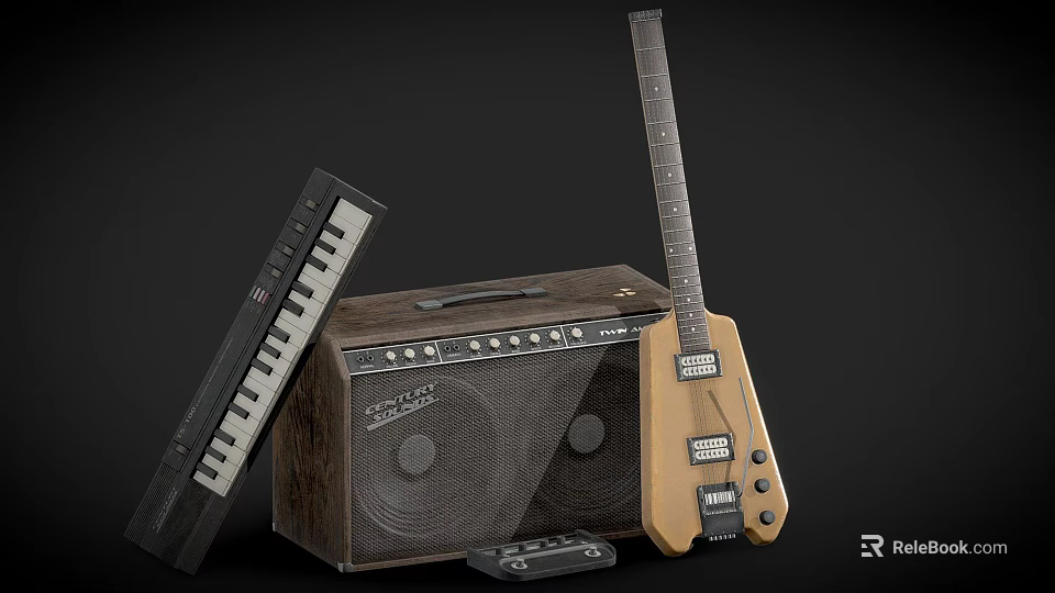 Musical Instruments Collection Featuring Electric Guitar Keyboard Amplifier and Pedal with Detailed Design Elements 3d model 