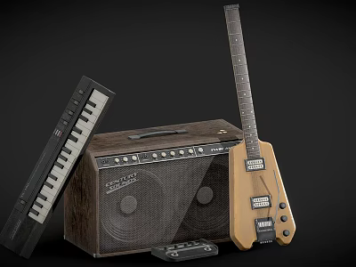 Musical Instruments Collection Featuring Electric Guitar Keyboard Amplifier and Pedal with Detailed Design Elements 3d model
