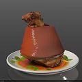 Glazed Braised Pork with Rich Sauce on White Plate and Green Garnish