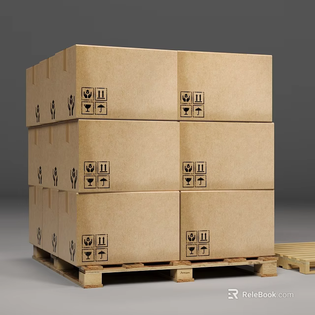 Stacked Cardboard Shipping Boxes on Wooden Pallet With Handling Symbols 3d model 