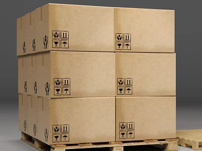 Stacked Cardboard Shipping Boxes on Wooden Pallet With Handling Symbols 3d model