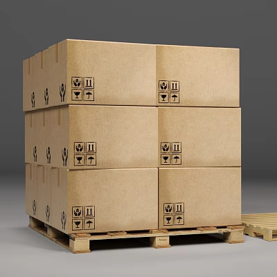 Stacked Cardboard Shipping Boxes on Wooden Pallet With Handling Symbols 3d model