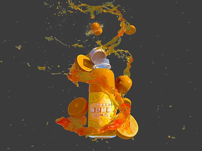 Fresh Orange Juice Bottle With Splashing Juice Orange Slices And Pulp 3d model
