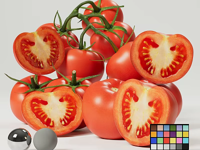 Fresh Ripe Tomatoes Whole And Sliced With Juicy Pulp Seeds And Green Stems 3d model