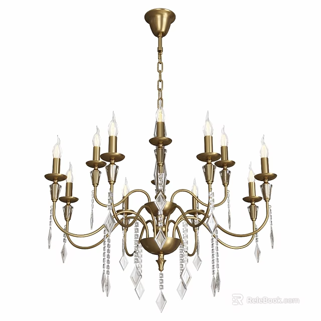 Elegant Golden Ceiling Light With Multiple Candle Shaped Bulbs And Crystal Pendant Decorations 3d model 