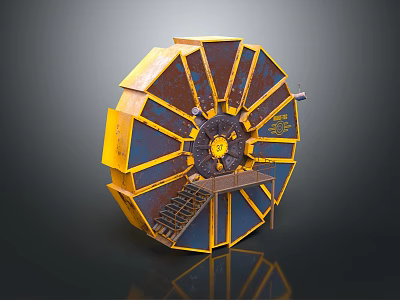 Rusty Yellow Blue Industrial Mechanical Wheel With Metal Frame And Circular Design 3d model
