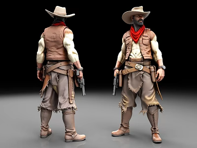 Man Wearing Cowboy Hat Brown Vest Red Bandana with Fringed Pants and Gun Holster 3d model