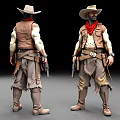 Man Wearing Cowboy Hat Brown Vest Red Bandana with Fringed Pants and Gun Holster