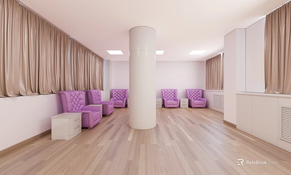 Hospital Outpatient Clinic Waiting Area With Purple Seats White Columns Wooden Flooring And Curtains 3d model 