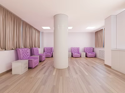 Hospital Outpatient Clinic Waiting Area With Purple Seats White Columns Wooden Flooring And Curtains 3d model