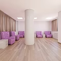 Hospital Outpatient Clinic Waiting Area With Purple Seats White Columns Wooden Flooring And Curtains