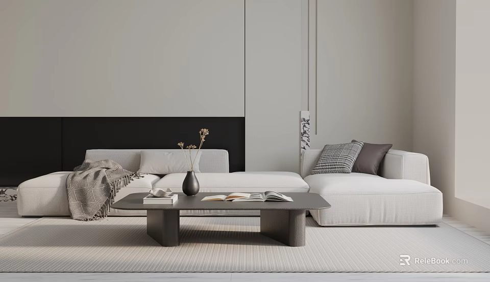 Minimalist White Three Seater Sofa Living Room with Coffee Table Throw Blanket and Vase Decoration 3d model 