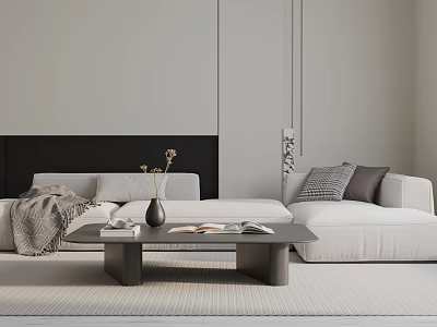 Minimalist White Three Seater Sofa Living Room with Coffee Table Throw Blanket and Vase Decoration 3d model