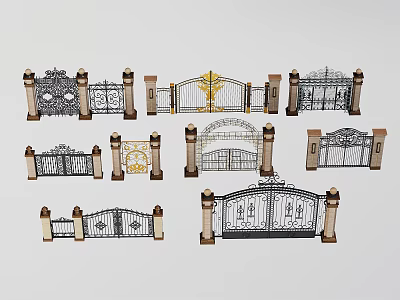 Various Ornate Wrought Iron Entrance Gates With Decorative Pillars And Gold Accents 3d model
