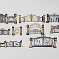 Various Ornate Wrought Iron Entrance Gates With Decorative Pillars And Gold Accents