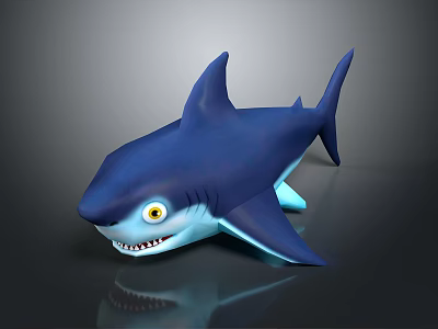 Blue Cartoon Style Shark 3D Model With Yellow Eyes Sharp Teeth And Gray Background Reflection 3d model