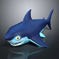 Blue Cartoon Style Shark 3D Model With Yellow Eyes Sharp Teeth And Gray Background Reflection 3d model