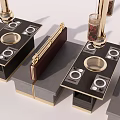 Contemporary Display Stands Featuring Black Gold Frames Wooden Panels And Circular Knobs