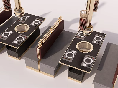 Contemporary Display Stands Featuring Black Gold Frames Wooden Panels And Circular Knobs 3d model