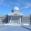 Grand Office Building With Golden Dome Symmetrical Design And Front Water Pool