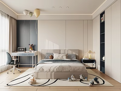 Modern Kids Room Interior With Bed Stuffed Toys On Rug Desk Chair And Balloons 3d model