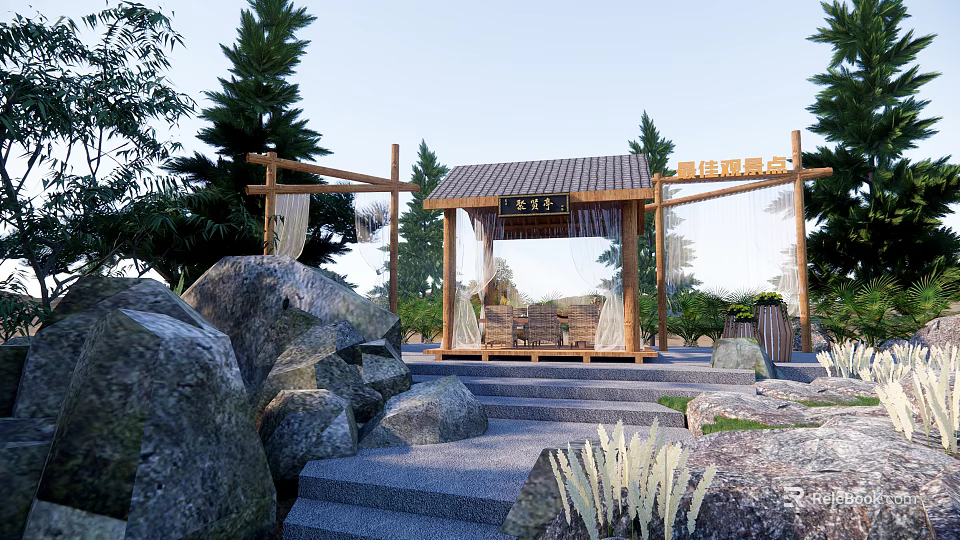 Traditional Chinese Outdoor Pavilion Garden With Stone Steps Rocks And Trees 3d model 