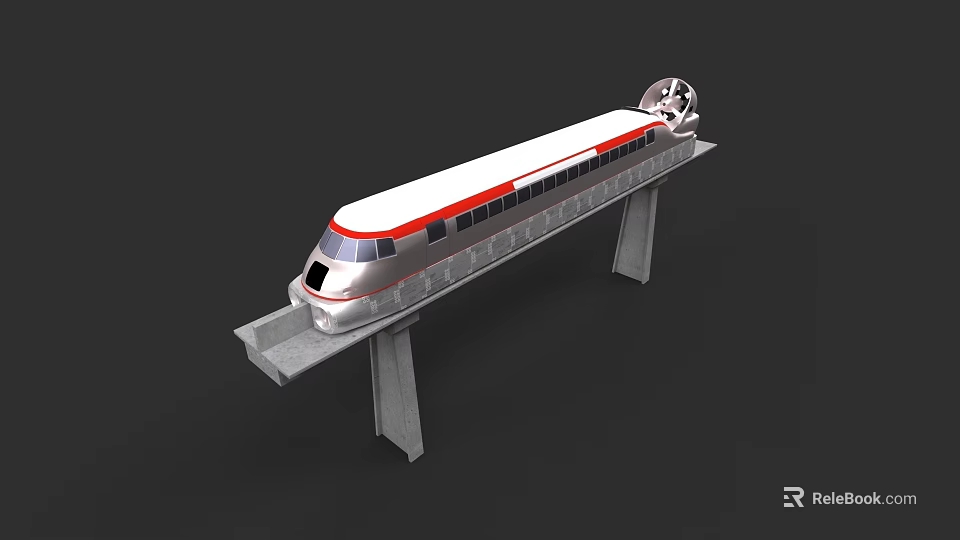 Modern Streamlined High Speed Train on Elevated Maglev Track with Concrete Pillars 3d model