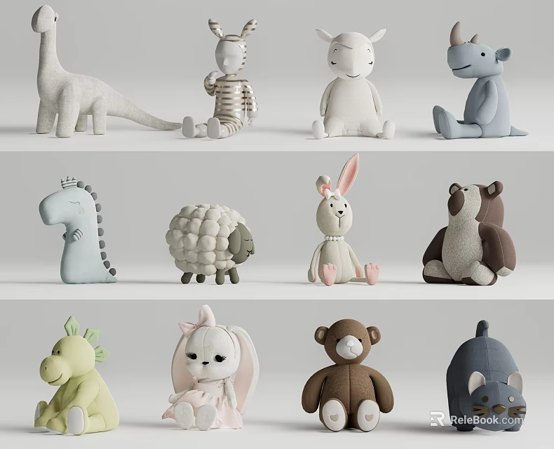 Adorable Stuffed Animal Plush Toys With Various Soft Color Designs For Kids 3d model 