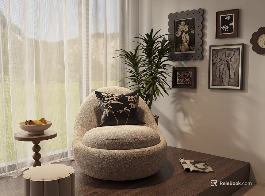 Beige Upholstered Accent Chair In Cozy Interior With Window Green View And Wall Art 3d model 