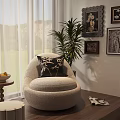 Beige Upholstered Accent Chair In Cozy Interior With Window Green View And Wall Art
