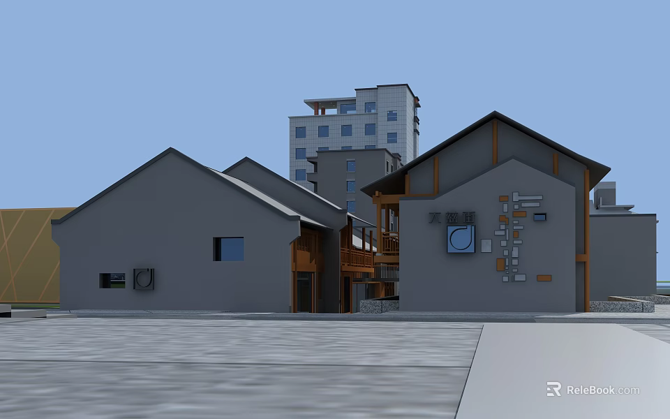 Modern Industrial Factory Building With Gray Exterior Gabled Roof Wooden Accents And Wall Signage 3d model 