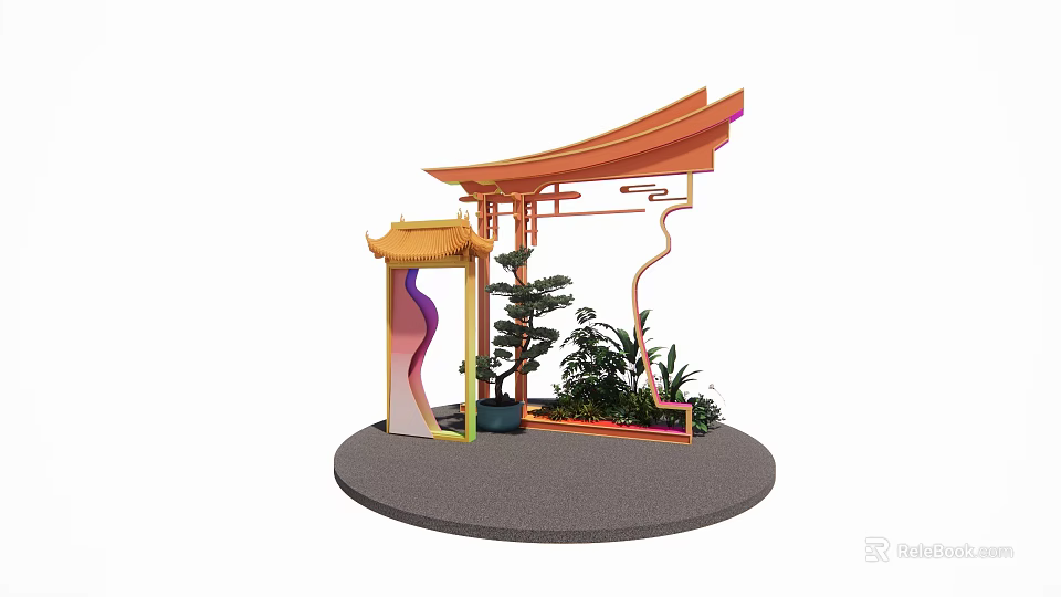 Chinese Style Photo Check In Spot With Traditional Pavilion Colorful Decorations And Green Plants 3d model 