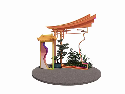 Chinese Style Photo Check In Spot With Traditional Pavilion Colorful Decorations And Green Plants 3d model
