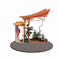 Chinese Style Photo Check In Spot With Traditional Pavilion Colorful Decorations And Green Plants
