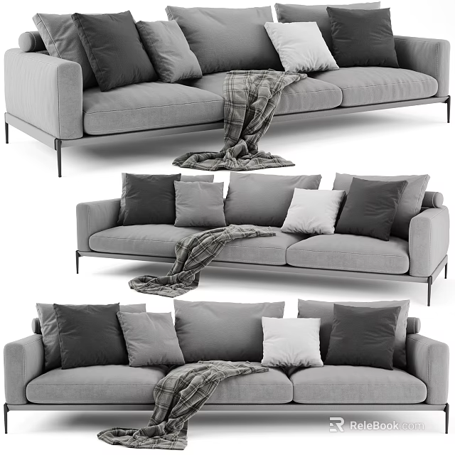 Modern Gray Three Seater Sofa With Plaid Throw And Multiple Cushions 3d model