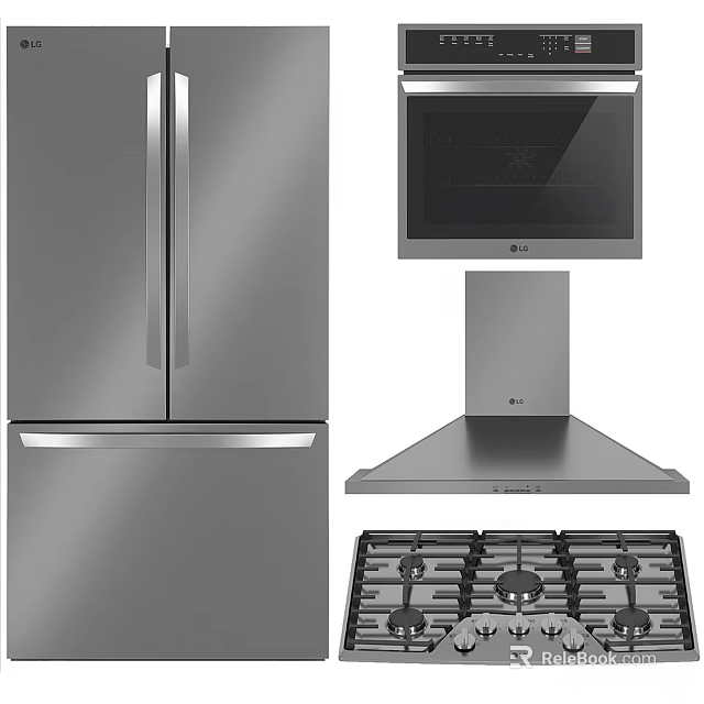 Stainless Steel Kitchen Appliances Set With Refrigerator Microwave Range Hood And Gas Stove 3d model 