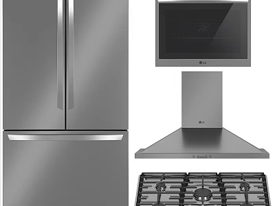 Stainless Steel Kitchen Appliances Set With Refrigerator Microwave Range Hood And Gas Stove 3d model