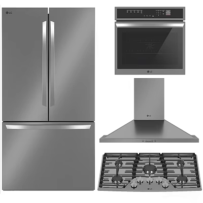 Stainless Steel Kitchen Appliances Set With Refrigerator Microwave Range Hood And Gas Stove 3d model