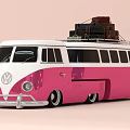 Pink and White Volkswagen Vintage Van with Luggage on Roof Top