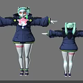 Anime Character Creature Design With Light Green Hair Dark Blue Jacket White Stockings And Pink Tattoos