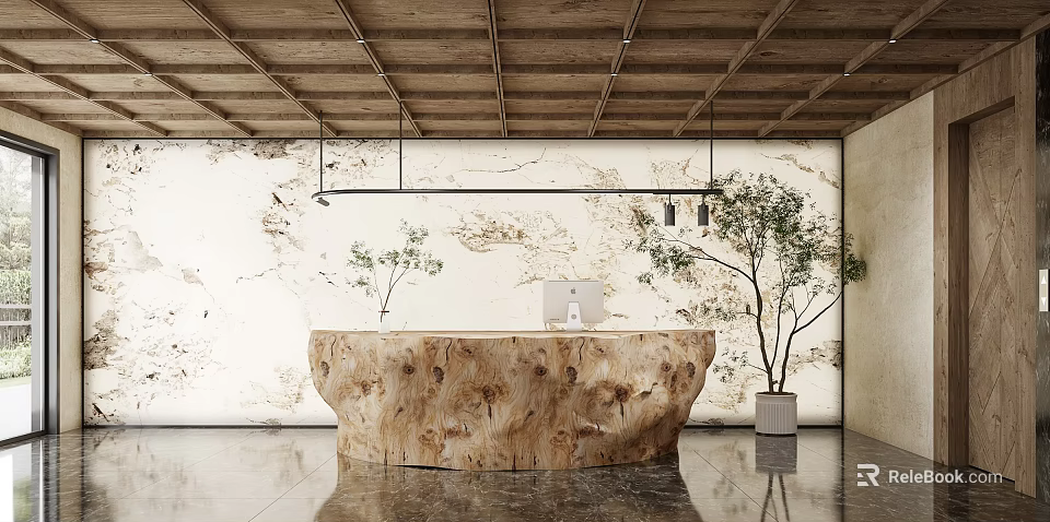 Rustic Modern Wooden Reception Desk With Marble Feature Wall And Fresh Indoor Green Plants 3d model 