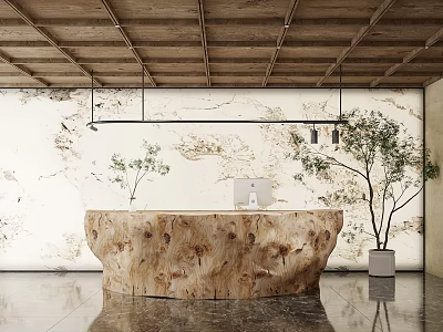 Rustic Modern Wooden Reception Desk With Marble Feature Wall And Fresh Indoor Green Plants 3d model