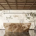Rustic Modern Wooden Reception Desk With Marble Feature Wall And Fresh Indoor Green Plants
