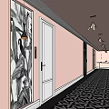 Hotel Corridor Featuring Pink Walls White Doors Decorative Painting And Black White Geometric Flooring