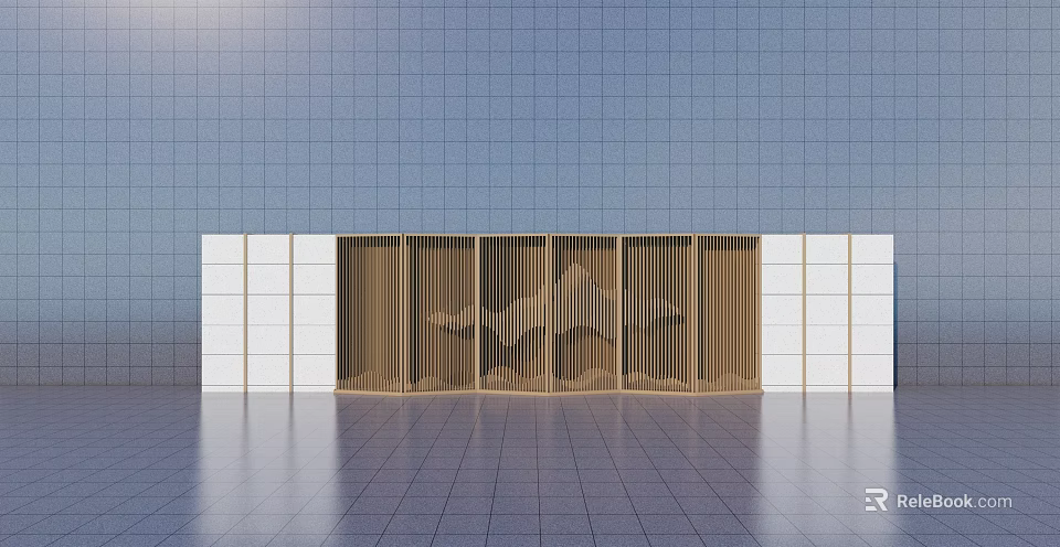Modern Feature Wall Design With Wooden Grille White Wall Blue Sky And Smooth Floor 3d model 