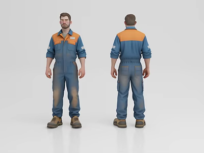 Man in blue orange work overalls with dirty worn pants brown shoes front back views 3d model