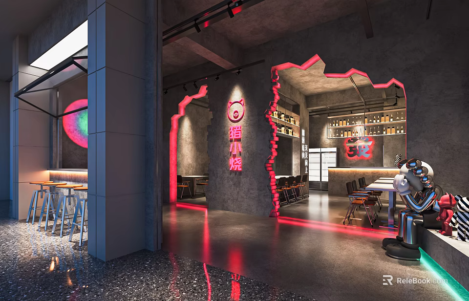 Industrial Style Restaurant Interior With Neon Lights Wine Racks Bar Counter And Robot Server 3d model 